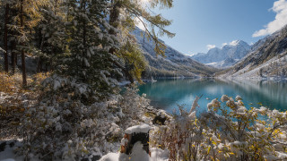 Snowy mountain lake winter forest - a matte painting free wallpaper
