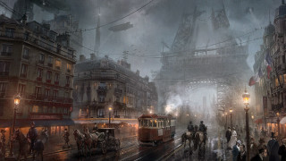 City street trolley people train - a painting of a city street free wallpaper