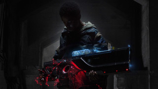 Man laptop darkroom redlights blackbackground - biopunk free wallpaper