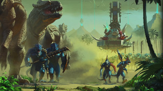 Dinosaurs jungle horse men sots - a horse in the background free wallpaper