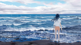 Woman beach ocean waves cloudy - ocean free wallpaper