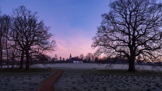 Dawn path trees church autumn - a path in a field free wallpaper