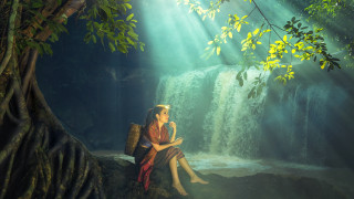 Woman waterfall bamboo nature sitting - sunlight free wallpaper