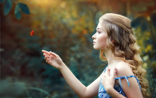 Curious girl red butterfly photorealistic - a curious look free wallpaper