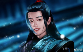 Black hair red bow blue - du jin free wallpaper