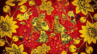 Red yellow floral birds leaves - floral free wallpaper