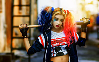 Woman baseballbat cosplay blonde bluehair - holding free wallpaper
