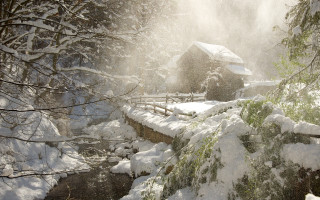 Snow bridge house trees stream - the snow free wallpaper