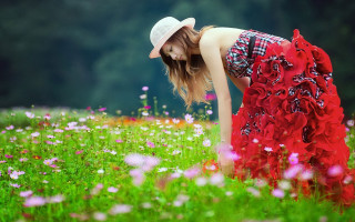 Woman red dress hat flower 2 - impressionist free wallpaper