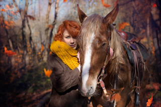 Woman horse autumn leaves forest - impressionist free wallpaper