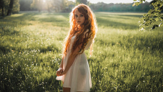 Red haired woman field portrait 2 - long red hair free wallpaper