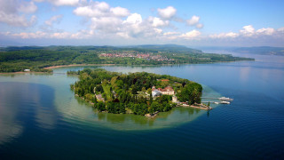 Island lake town boat sky - a small island in the middle of a lake free wallpaper