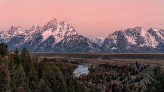 Mountain range river trees sunset - a river free wallpaper