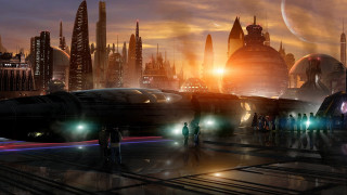 Futuristic city train station night - free sci-fi wallpaper