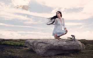 Woman white dress rock bike - a storybook illustration free wallpaper for desktop