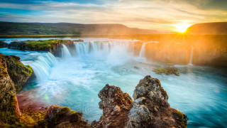 Waterfall sunset river rocks nature - a waterfall free wallpaper for desktop