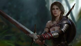 Warrior woman forest blood sword - realistic character concept free wallpaper