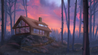 House woods pink sunset matte - matte painting concept art free wallpaper