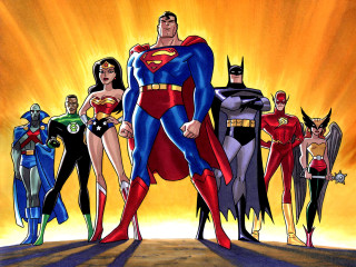 Superheroes yellow background sun sky - bruce timm free wallpaper