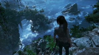 Woman cliff waterfall ocean boat - photorealism free wallpaper