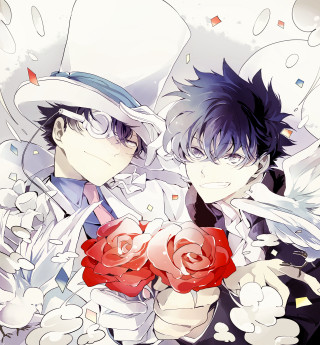 Anime characters hats flowers hands - one holding free wallpaper