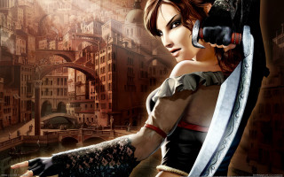 Woman city bridge gothic weapon - a city in the background and a bridge in the foreground free wallpaper