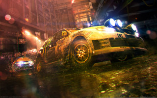 Yellow car city street night - night time in a city free wallpaper