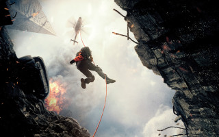 Suspended man helicopter rocky fire - free gaming wallpaper