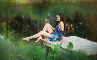 Woman dock lake blue dress 2 - daphne mcclure free wallpaper
