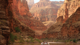 River boat mountains rocks awe - christo free wallpaper