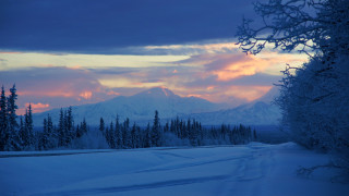 Snowy road mountain sunset pink - sunset free wallpaper