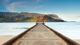 Pier gazebo ocean mountains beautiful - the end of it free wallpaper