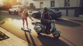 Man woman scooter street car - drew tucker free wallpaper