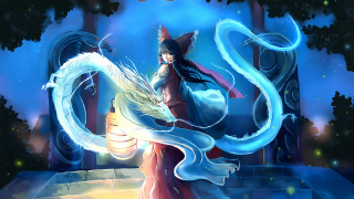Woman dragon castle sky trees - free sci-fi wallpaper