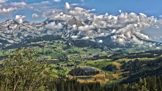 Mountain lake town clouds cityscape - scenic free wallpaper