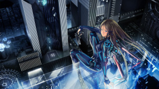 Futuristic woman city clocktower holography - a futuristic city free wallpaper