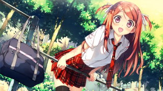 Red haired schoolgirl leaning rail - a rail free wallpaper