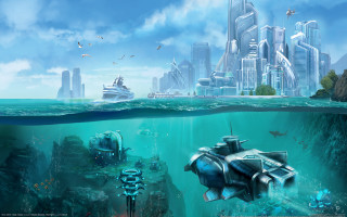 Submarine ocean city boat fantasy - a city in the background and a boat free wallpaper
