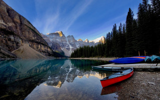 Red boat lake mountains sky - a red boat free wallpaper
