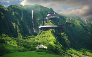 Green mountain waterfall house horse - matte painting concept art free wallpaper