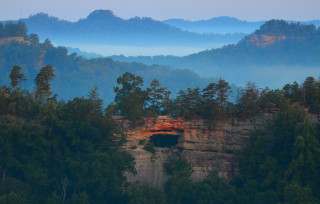 Mountain cave forest fog sunset - douglas robertson bisset free wallpaper