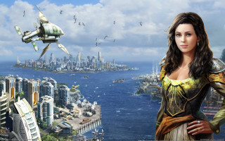 Futuristic city woman plane ship - solarpunk free wallpaper