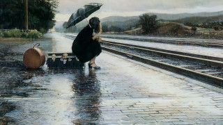 Woman umbrella wine rain train 2 - realistic painting free wallpaper