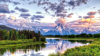 River mountain forest sky city - a mountain range in the background free wallpaper