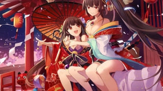 Anime girls bench umbrella cherry - sots art free wallpaper