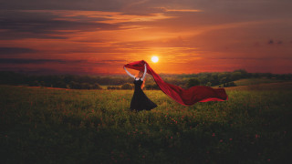 Woman black dress red scarf 3 - sunset free wallpaper
