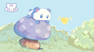 Cartoon mushroom cat grass heart - soft color free wallpaper