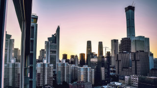 City skyline clocktower sunset bridge - neoism free wallpaper