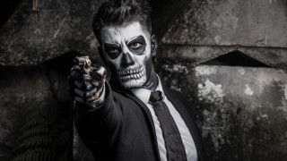 Skeleton man gun portrait vanitas - skull free wallpaper