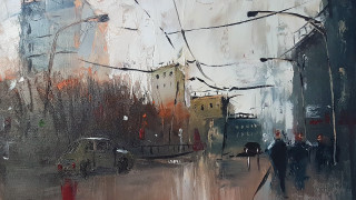 City street people building wires - a painting of a city street free wallpaper